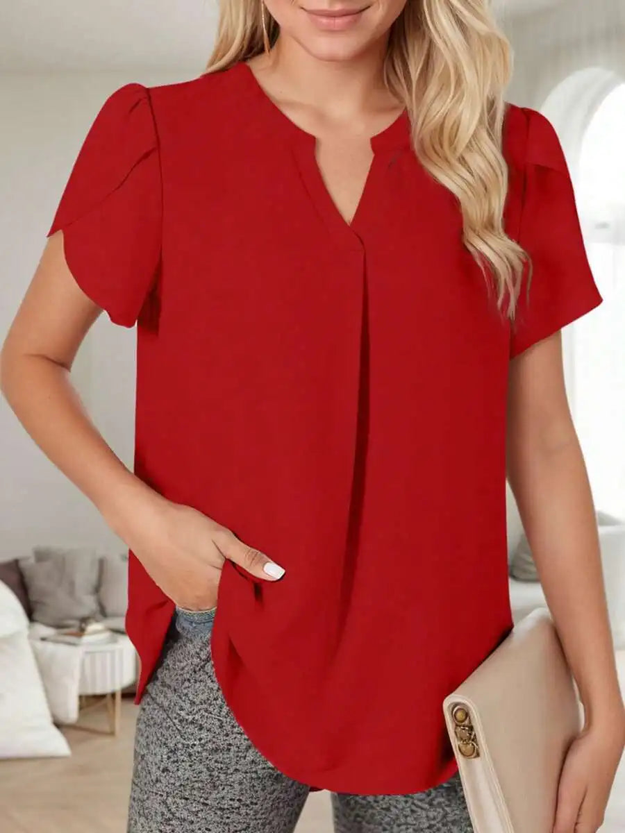 Women V Neck Short Sleeve Chiffon Blouse Casual Flowing Tunic Top