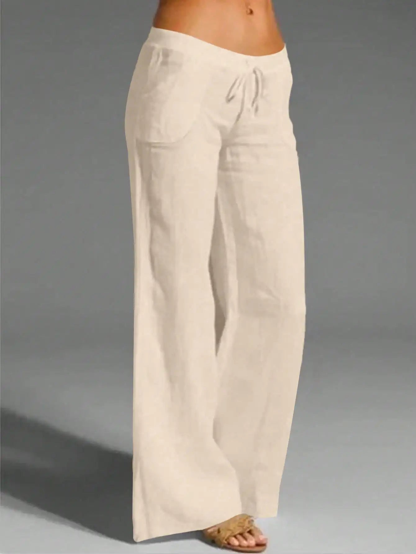 Casual Solid Drawstring Waist Wide Leg Pants For Women