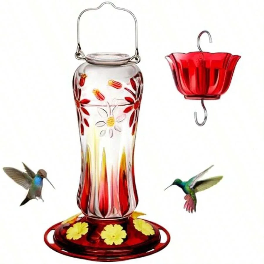 Hummingbird Feeder For Outdoors Hanging 25 Ounces Glass Humming Bird Nectar Feeder With Ant Moat And 6 Feeding Ports Leak Proof