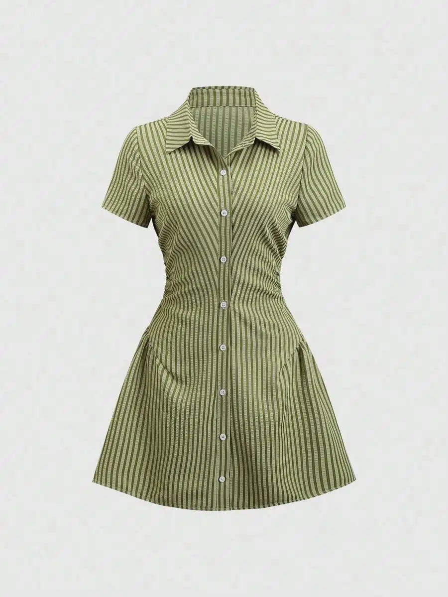 Yellow Short Sleeve Shirt Dress With Button Front And Flared Skirt For Summer