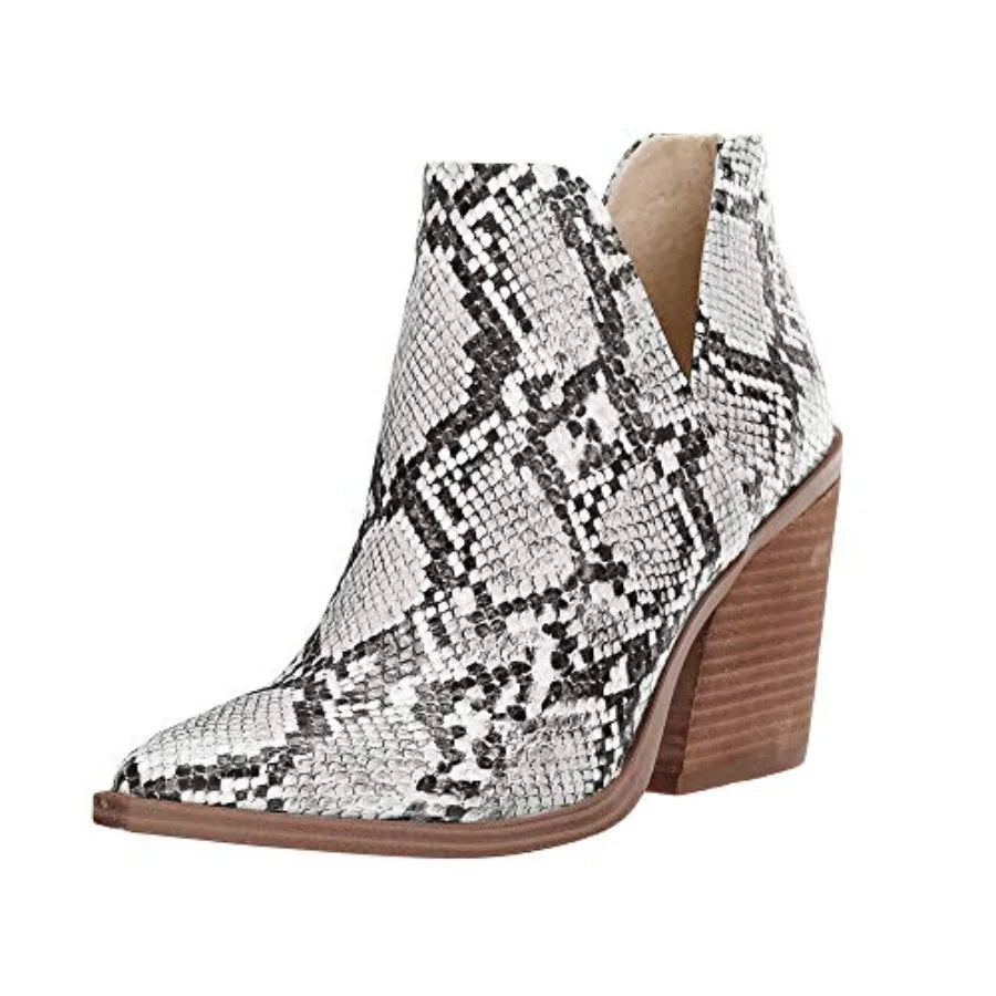 Kathemoi Womens Slip on Ankle Boots V Cutout Pointed Toe Chunky Stacked Mid Heel Booties