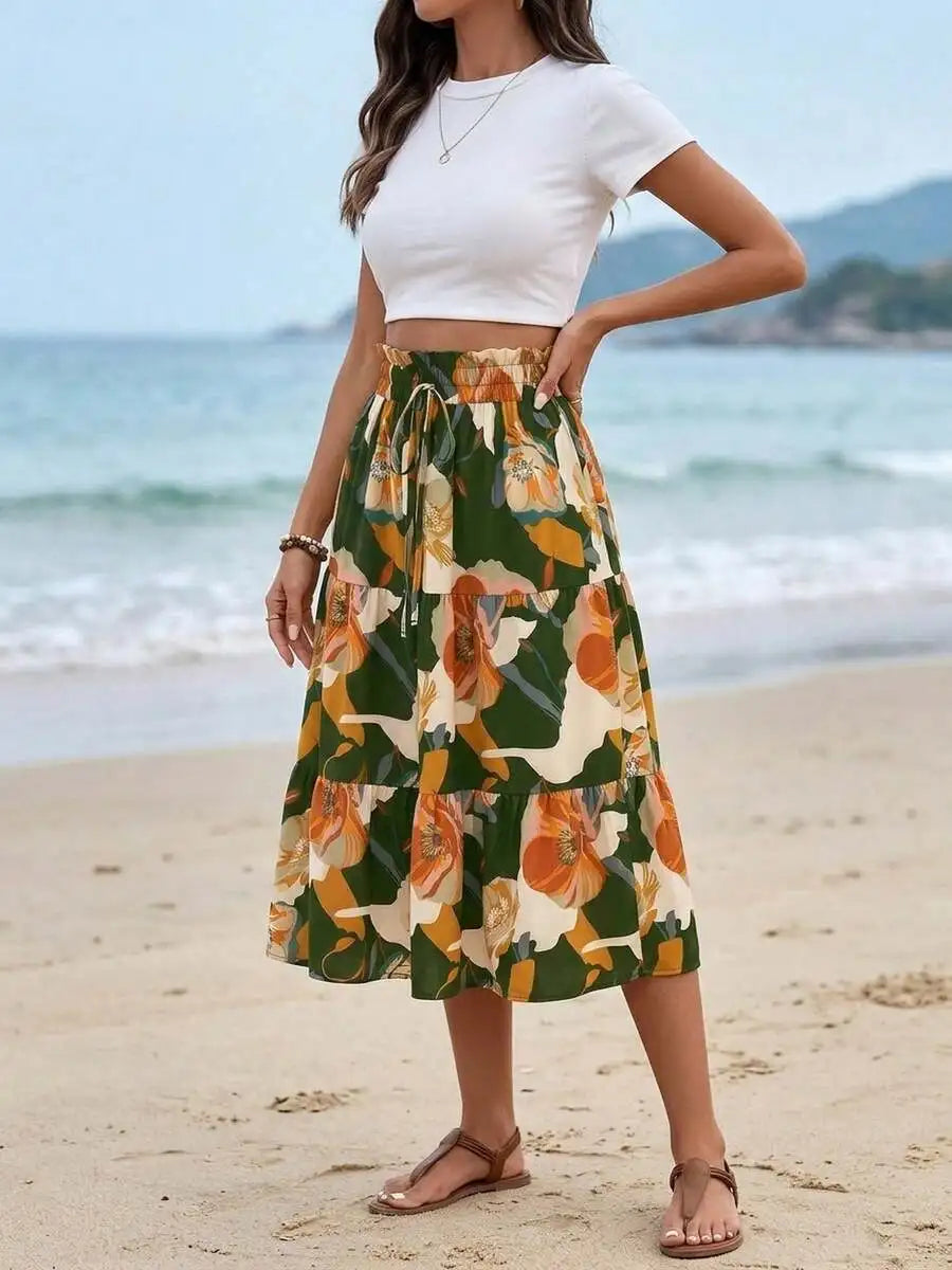 Boho Floral Print Tiered Ruffle Midi Skirt Women High Waist Elastic A-Line Flowy Summer Skirt