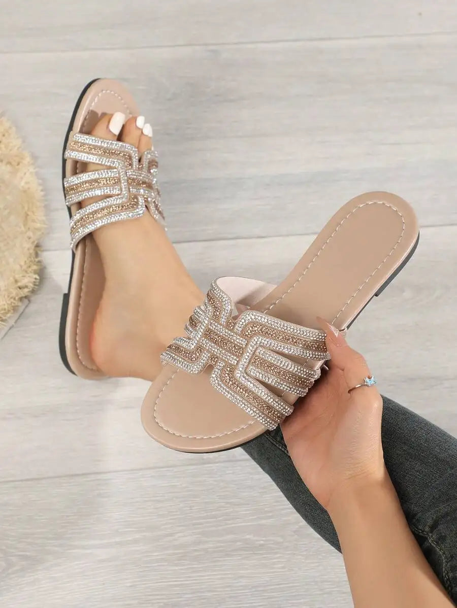 H-Style Rhinestone Embellished Flat Sandals For Women Casual Party Elegant