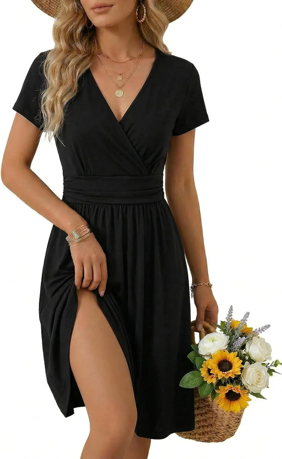 Women's Summer Wrap A-Line Midi Dress with Pocket and V-Neck