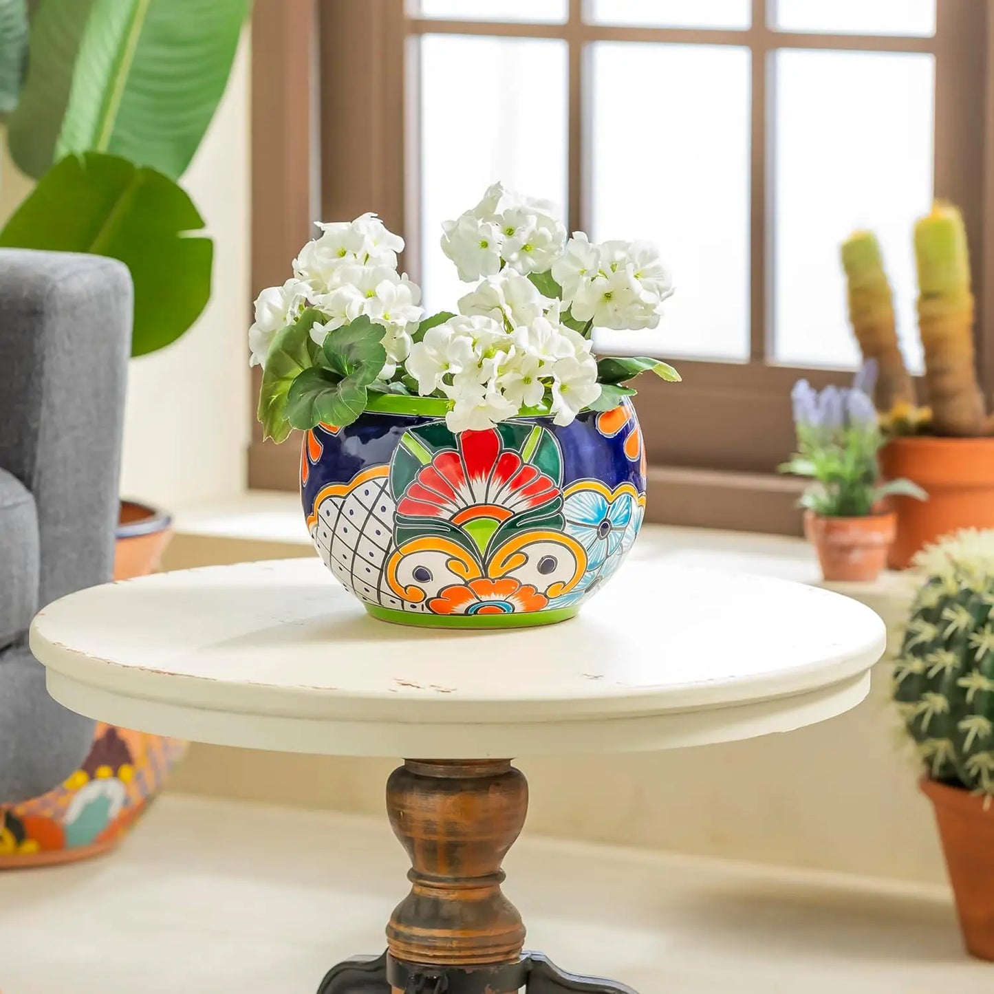 Indoor/Outdoor, Ceramic, Green, Talavera Mexican Pottery Flower Pot for Succulents