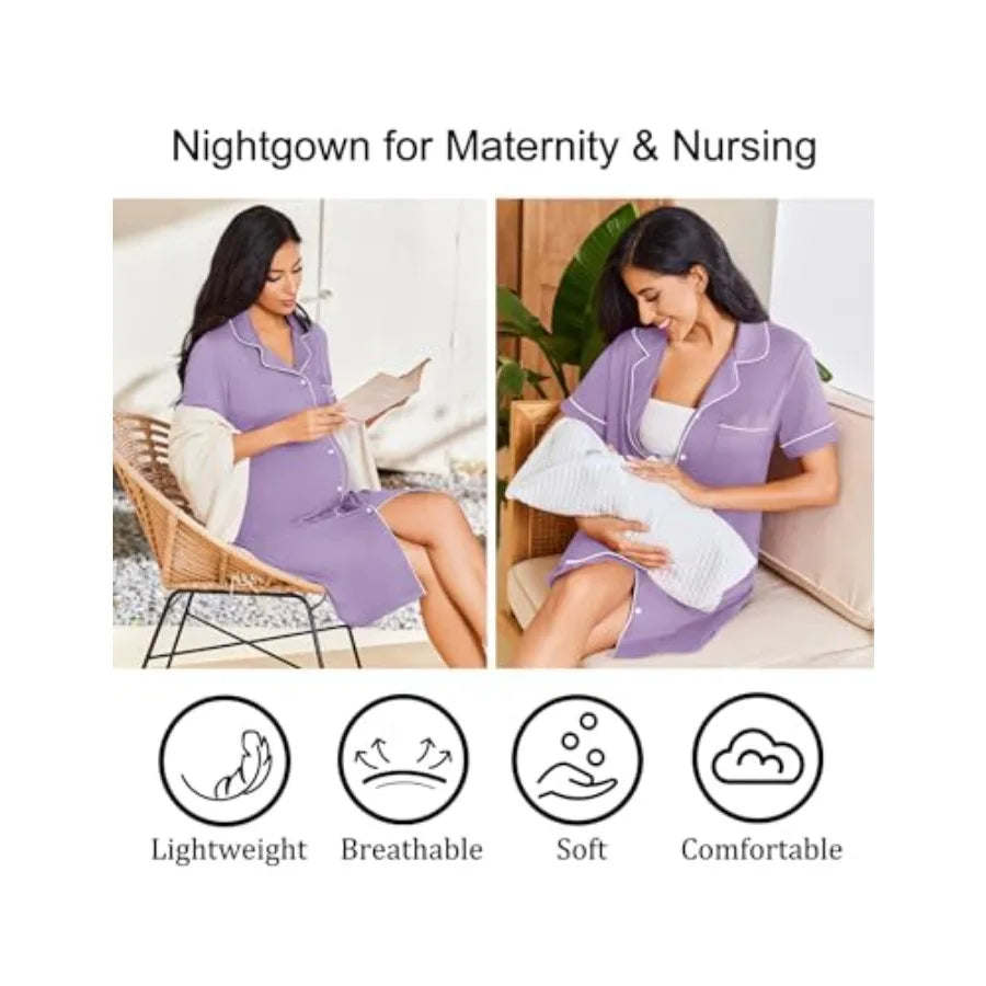 Ekouaer Nightgowns for Women Bamboo Viscose Sleep Shirts Button Down Night Shirt Short Sleeve Boyfriend Pajama Dress