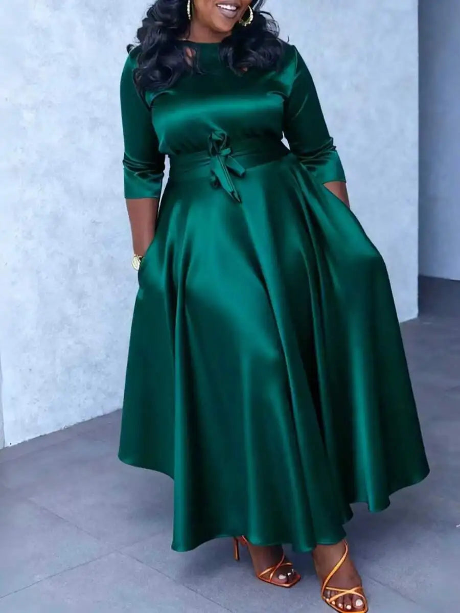 Elegant Women Satin Fit And Flare Long Sleeve Boat Neck Cocktail Dress With Pockets