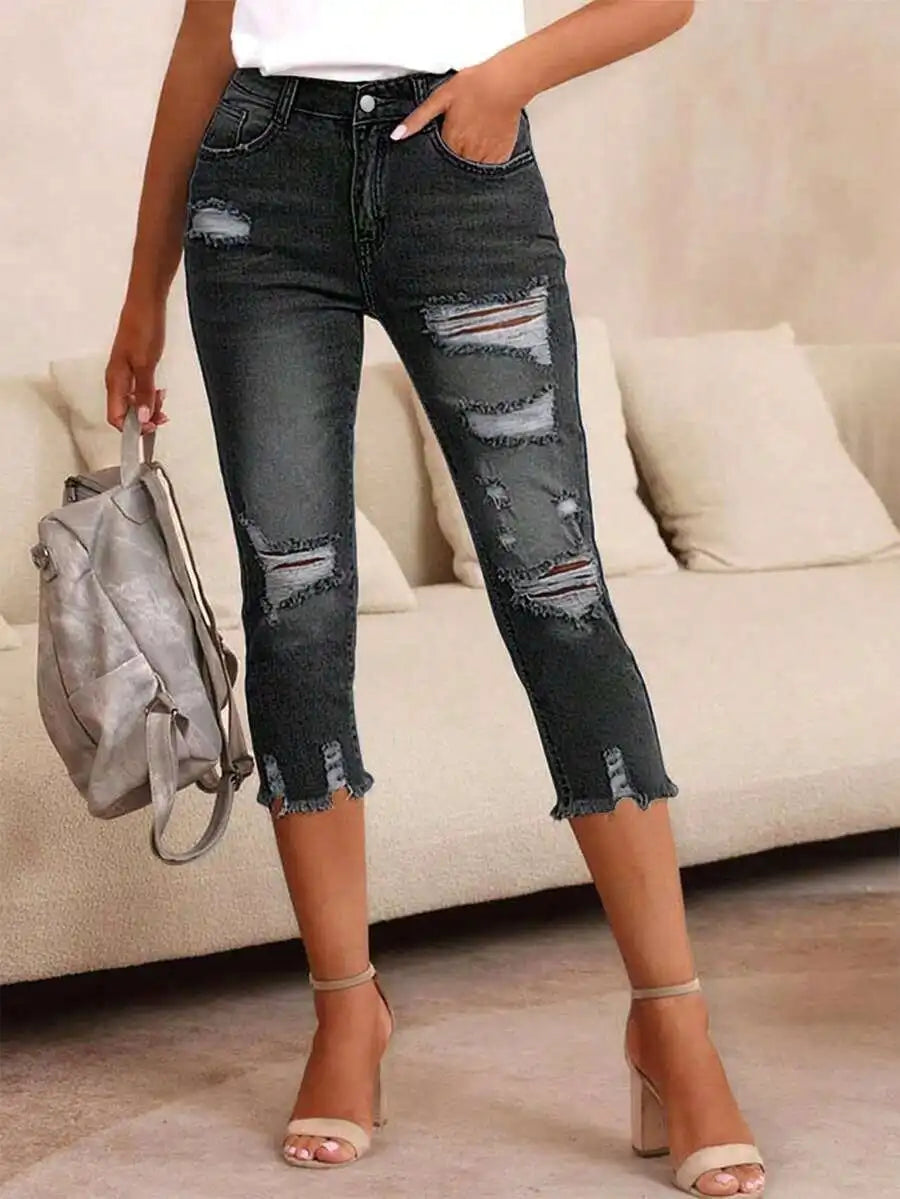 Slim Fit Ripped Womens Denim Capri Pants Casual Mid Calf Jeans