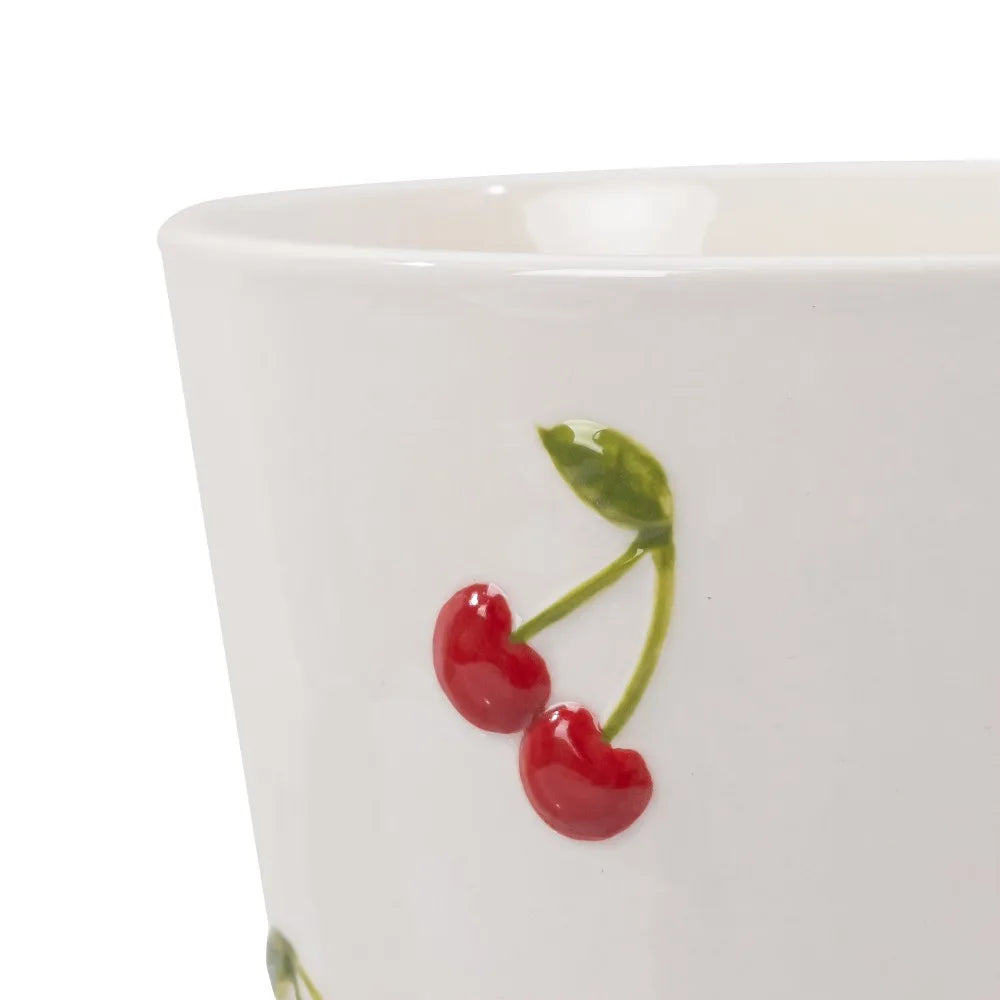 Round Ceramic Cherry Planter Pot for Plants Home Garden Decor Cream Red Flower Pot Handmade Art Pottery Vase with Drainage Hole