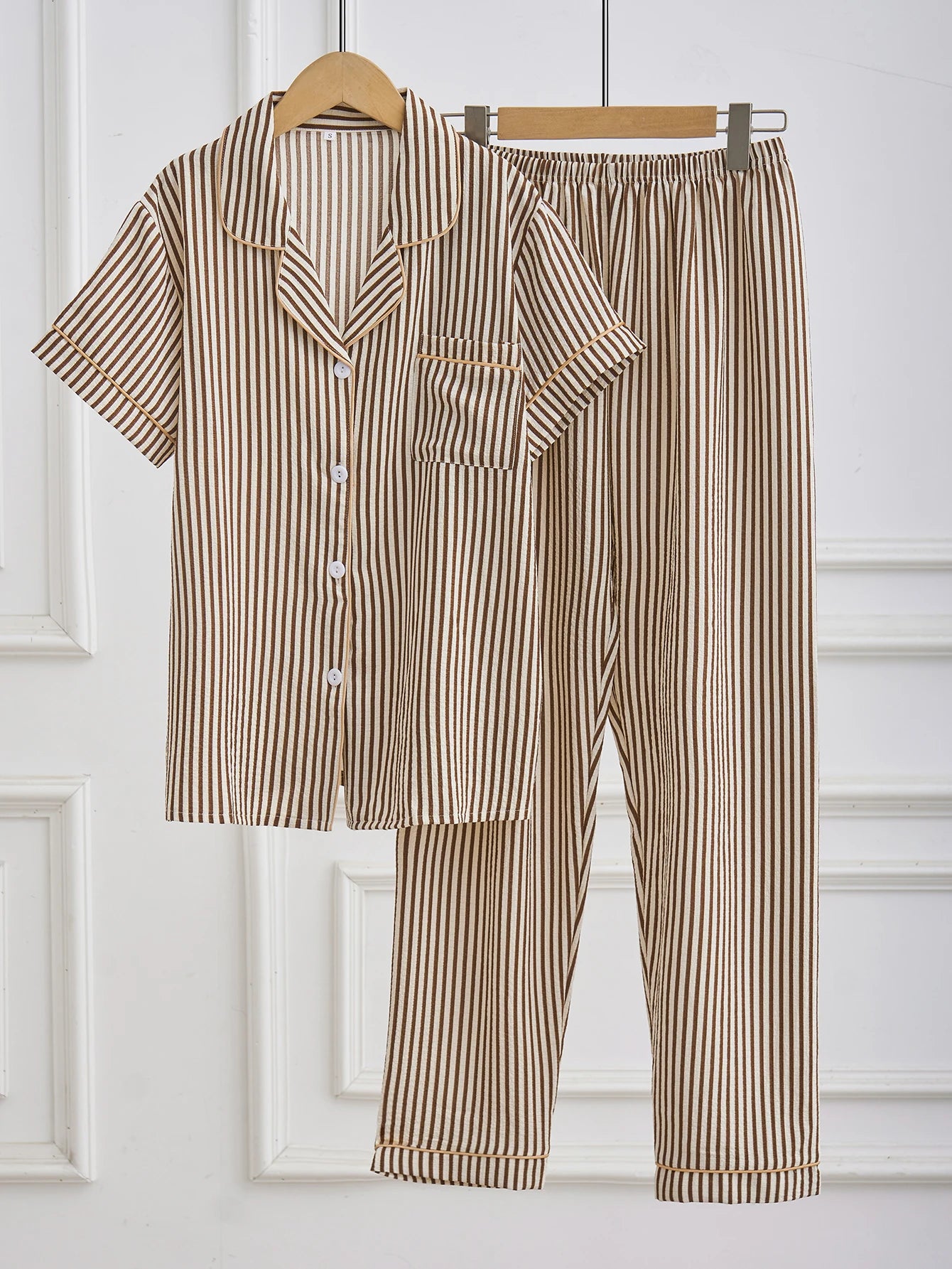 Striped Button Down Pajama Set | Short Sleeve Long Pants Breathable Summer Casual Women Sleepwear