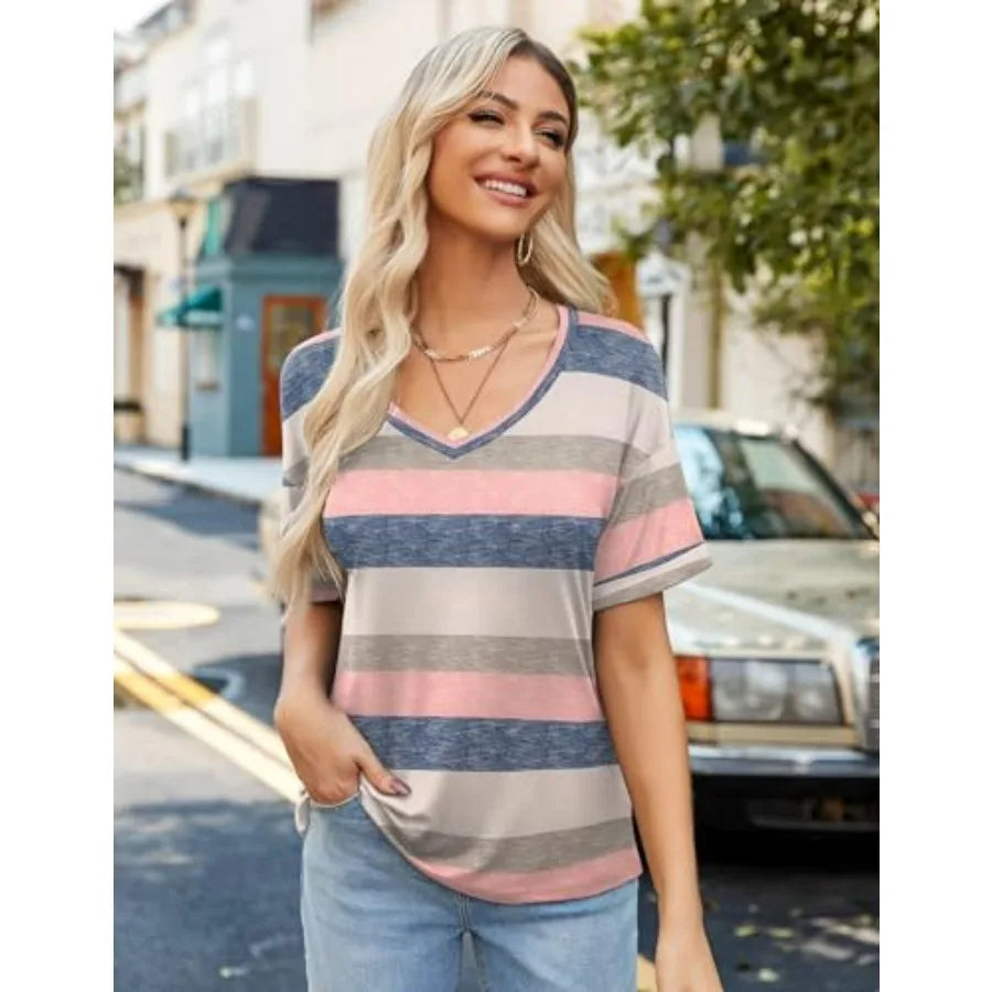 Zeagoo Womens Summer Tops Short Sleeve Casual Shirts Floral Tee Trendy 2026 Basics V Neck Plain Tshirt
