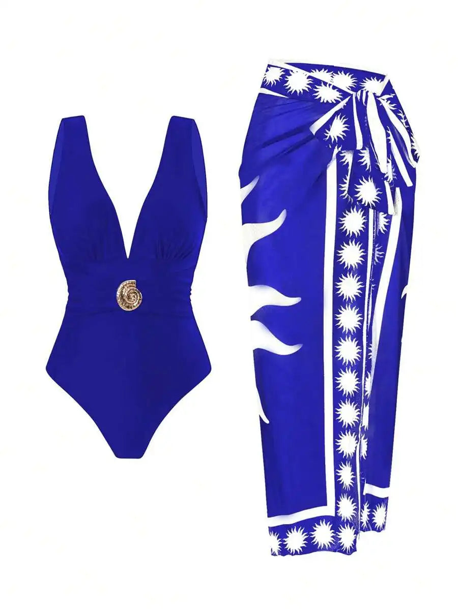Women Blue Mesh Printed Long Skirt Beach Cover Up Swimsuit Set Summer Vacation