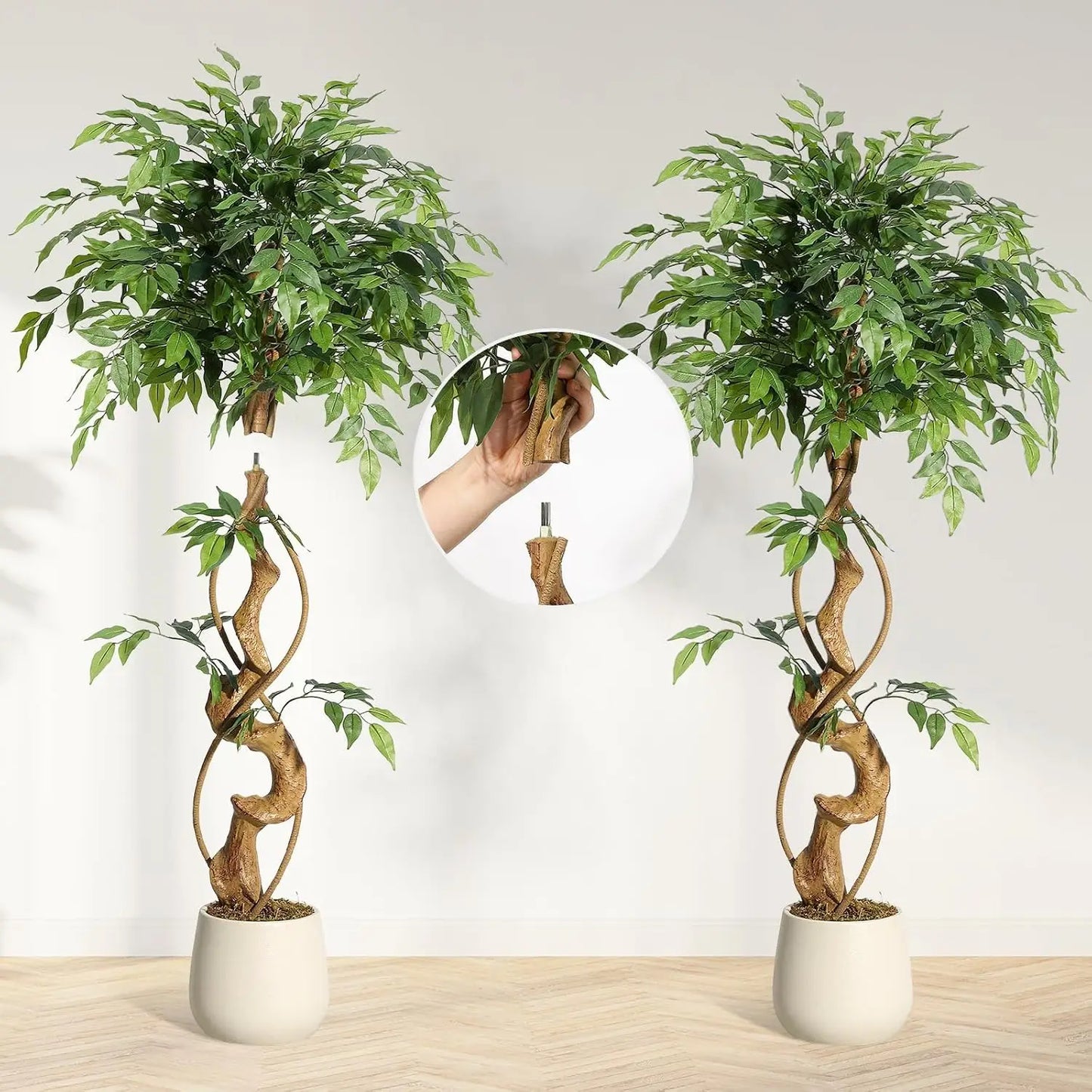 Artificial Ficus Tree 120/150/180cm with White Planter, Large Faux Weeping Fig with Curved Trunk and 1860 Silk Leaves, Lifelike Indoor Plant for Living Room Bedroom Office Decor, No Maintenance