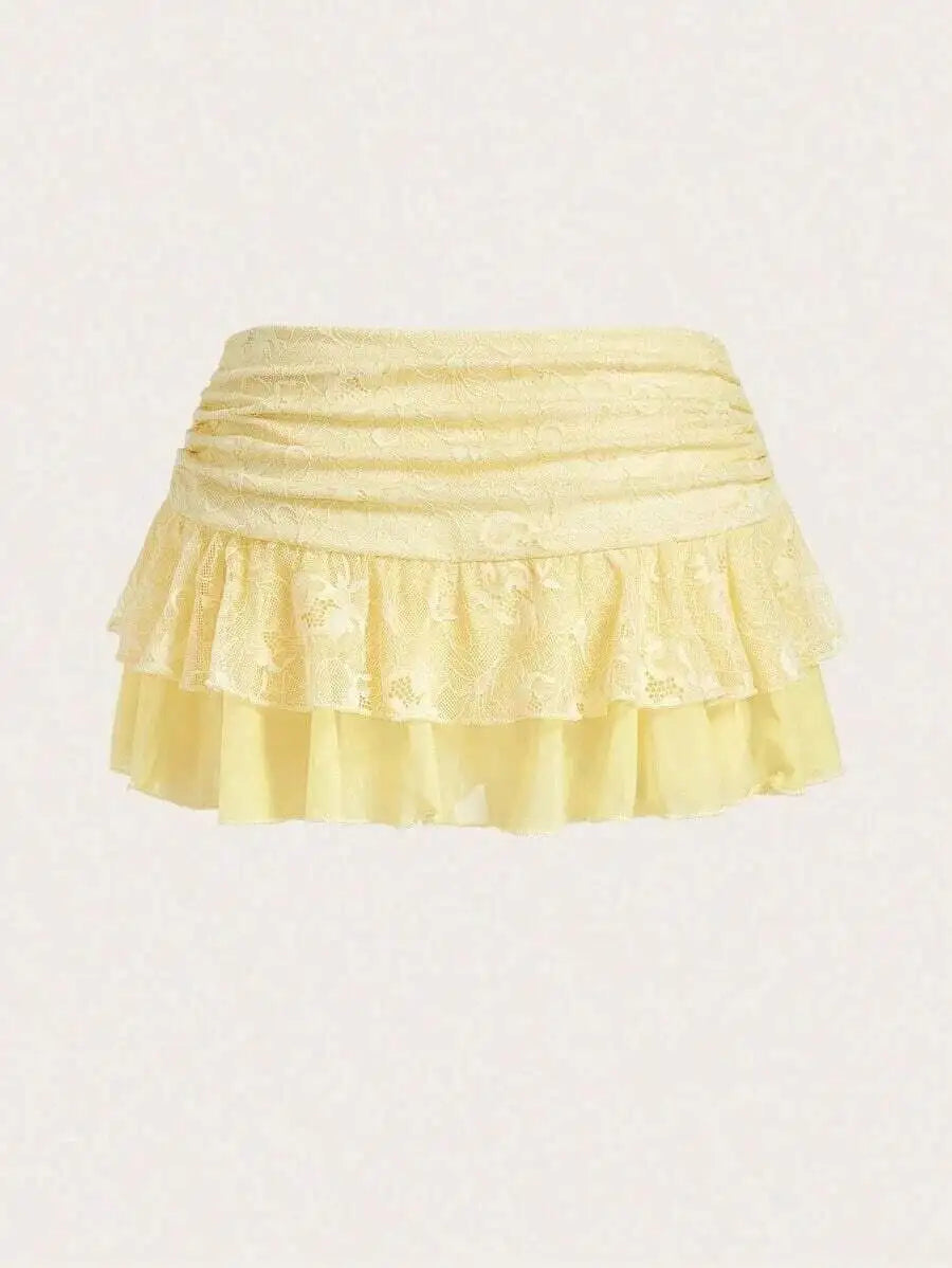 Low Waist Lace Mesh Double Layer Pleated Tie Up Slit Women Skirt