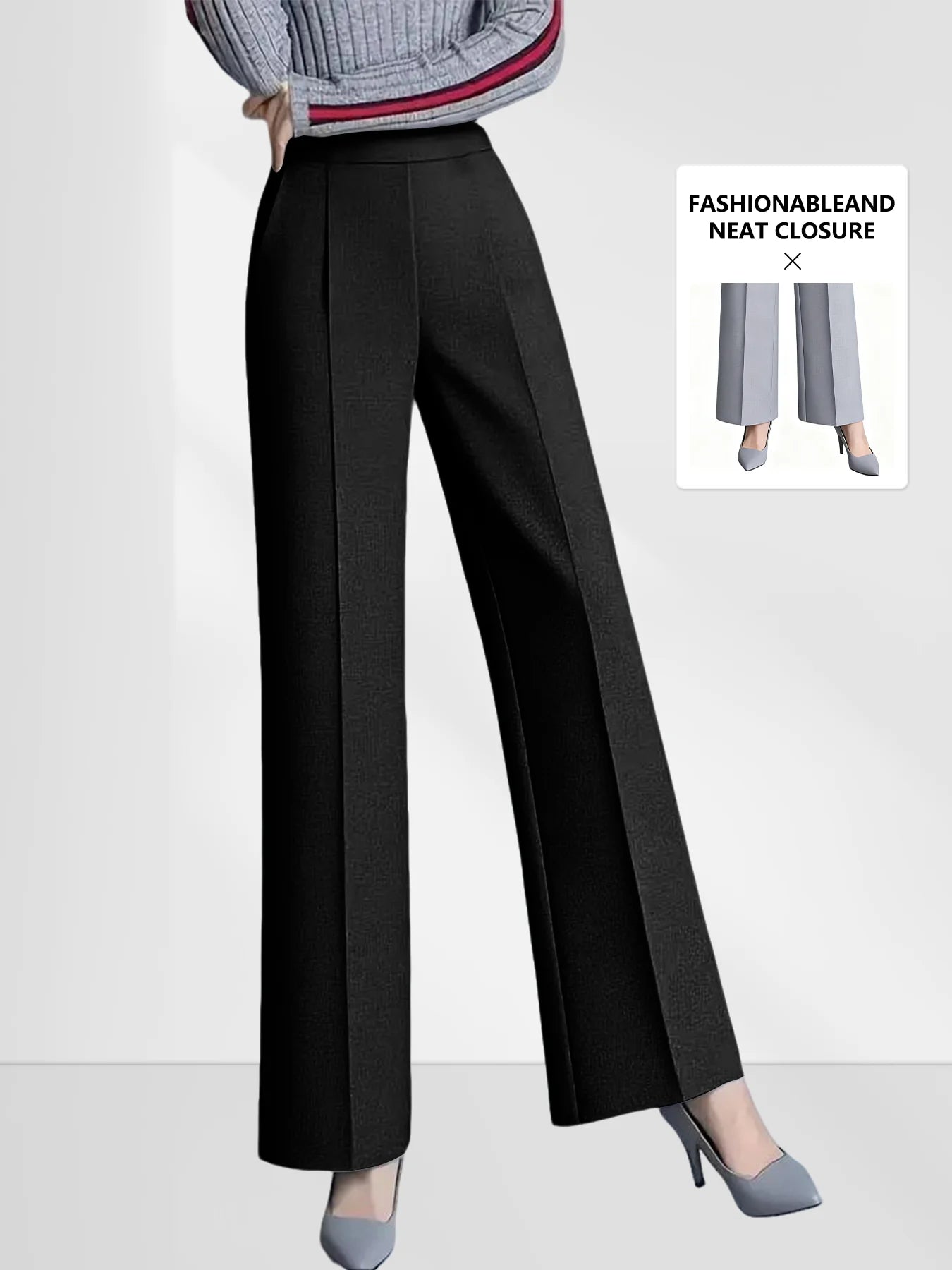 Four-Season Solid Color Wide Leg High Waist Loose Slimming Casual Pants Elastic Waist Comfortable Convenient with Pocket Design