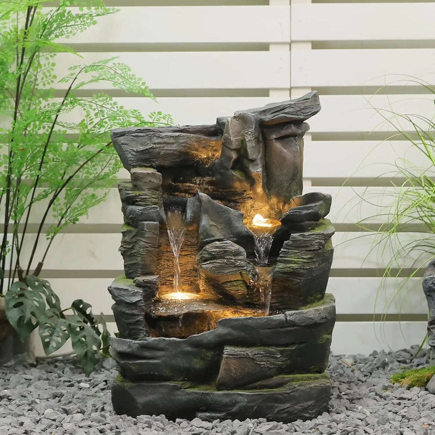 40in 5-Tier Tree Trunk Outdoor Water Fountain LED Garden Patio Backyard Decor, Customized
