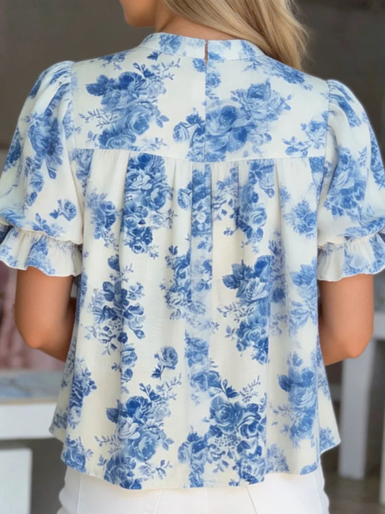 2026 New Style Women's Printed Shirt, V-neck with Double Pleated Sleeves, Lightweight Textured Fabric, Half-Buttoned, Retro Blue Rose Floral, Loose-Fitting, Flowy Short Sleeve Top, US Size, US Warehouse, Fast Shipping, Spring