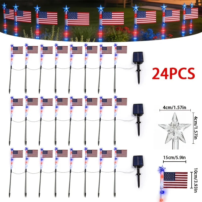 12/24 Pack Solar American Flag Pathway Lights, July Decor, 250th.