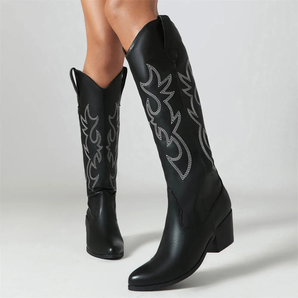 Women's Embroidered Western Cowboy Boots Block Chunky Heels Pointed Toe Pull-On Retro Classic Knee High Cowgirl Boots Woman