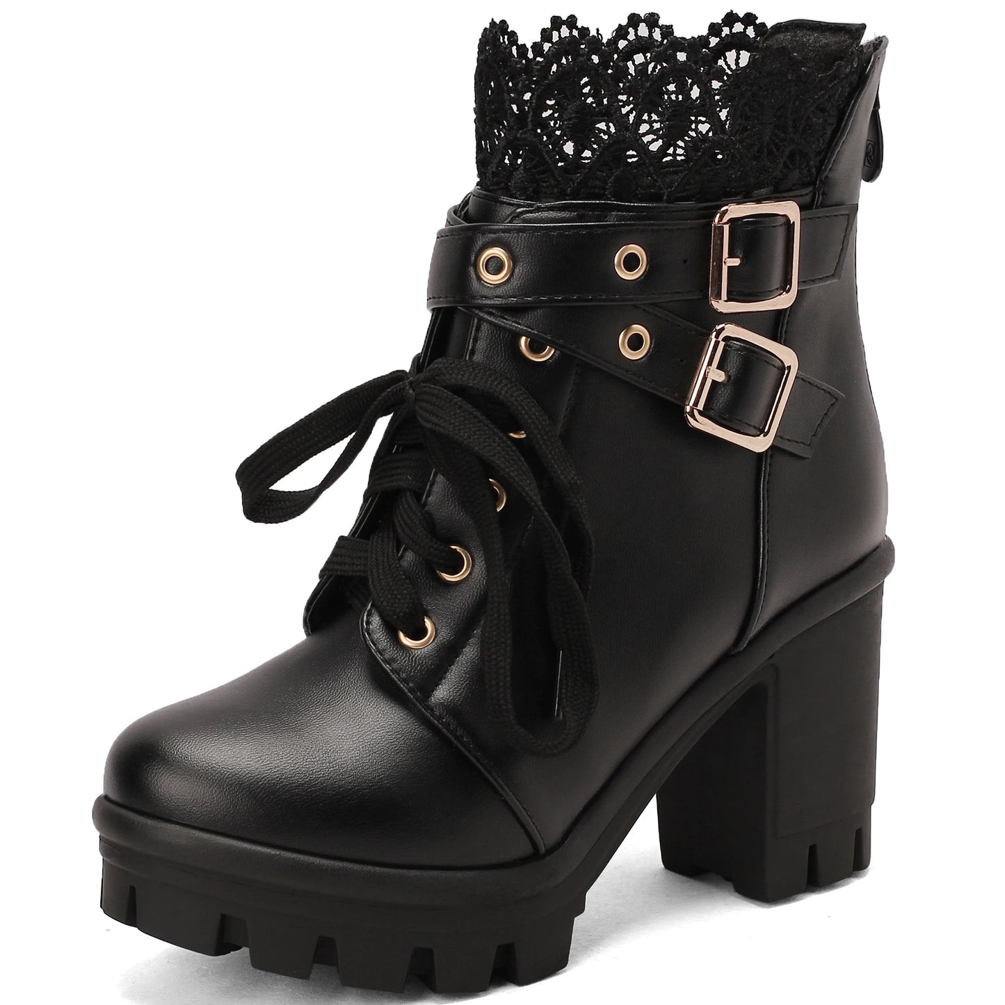 Goth Boots Women Platform Chunky Heel Buckle Lace Up Combat Booties