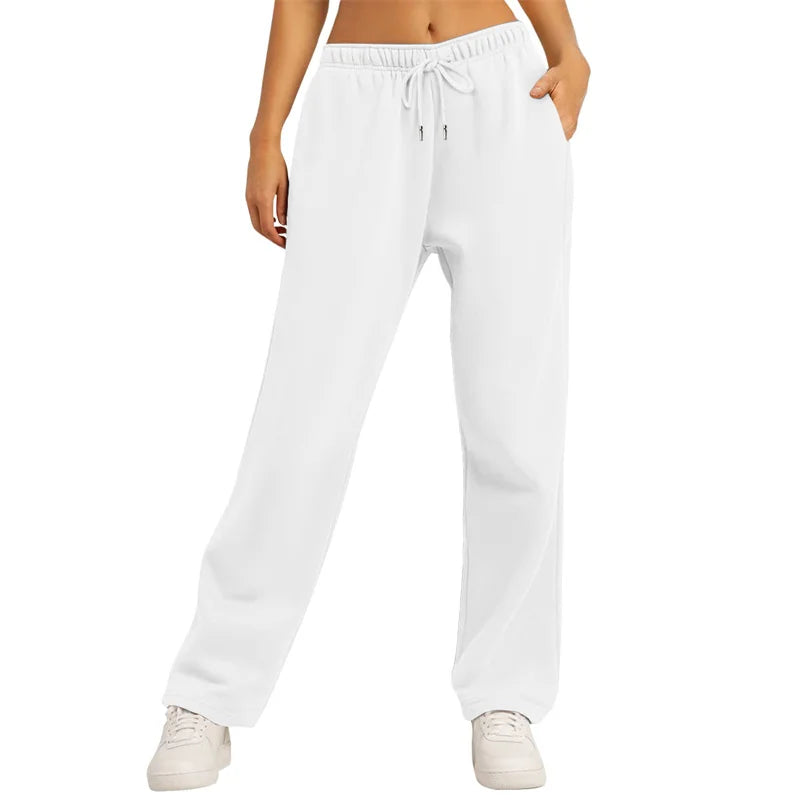 Wide Leg Sweatpants Loose Daily Casual Solid Drawstring High Waist Autumn Winter Women Comfort Trousers