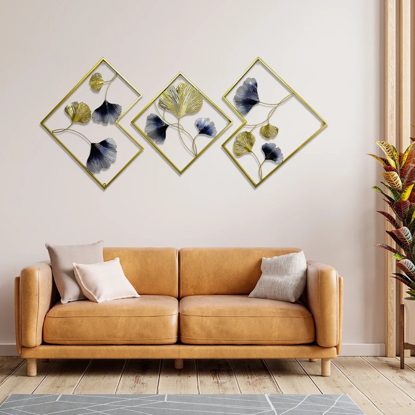 Creative Flowers Hanging Wall Sculpture Decor, 3 Pcs Ginkgo Metal Wall Art,Thickened Frame 20mm, Iron Artwork for Home Decor