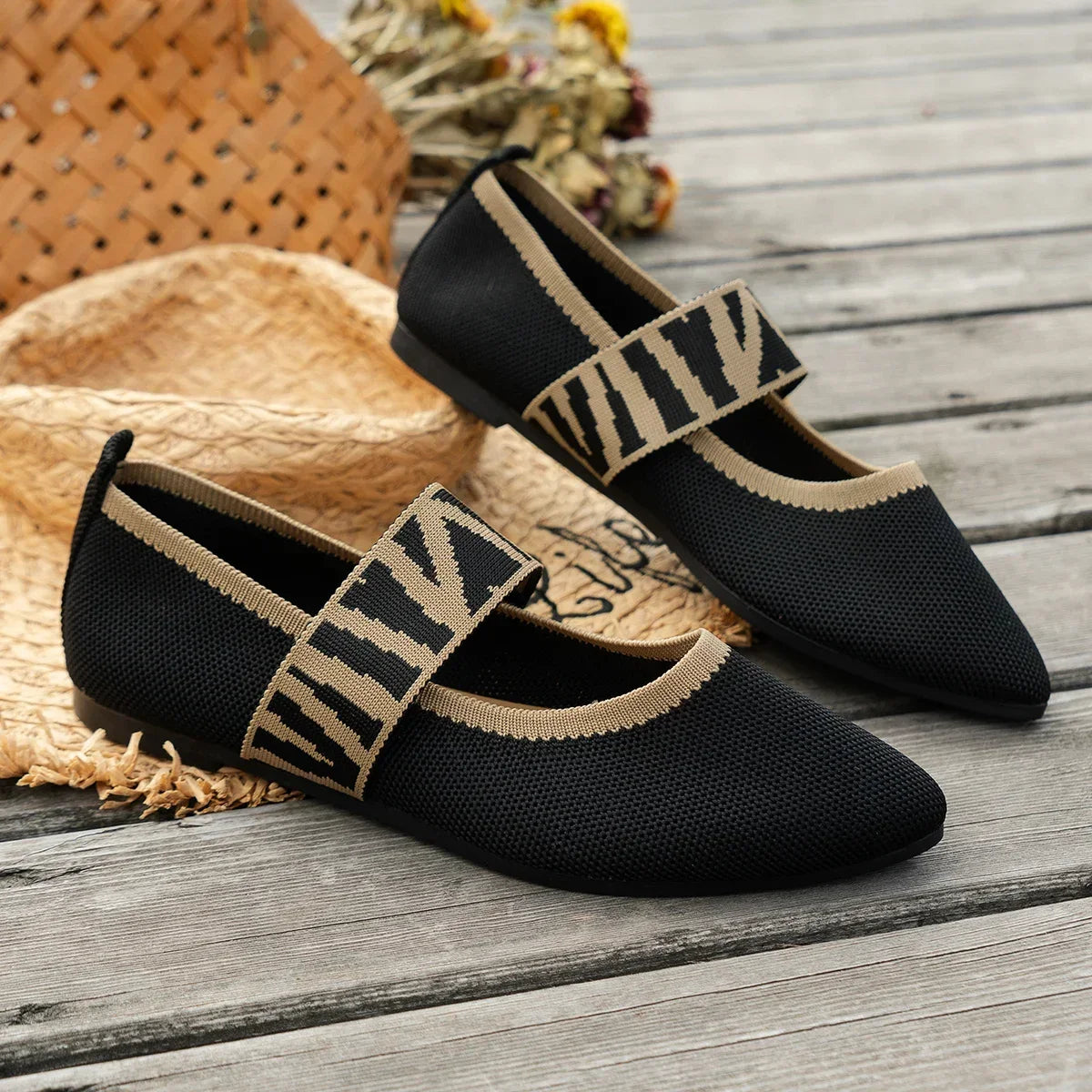 Knitted Color-block Women's Flat Shoes Dressy Ballet Flats Casual Striped Straps  Pointed Toe Loafers Female