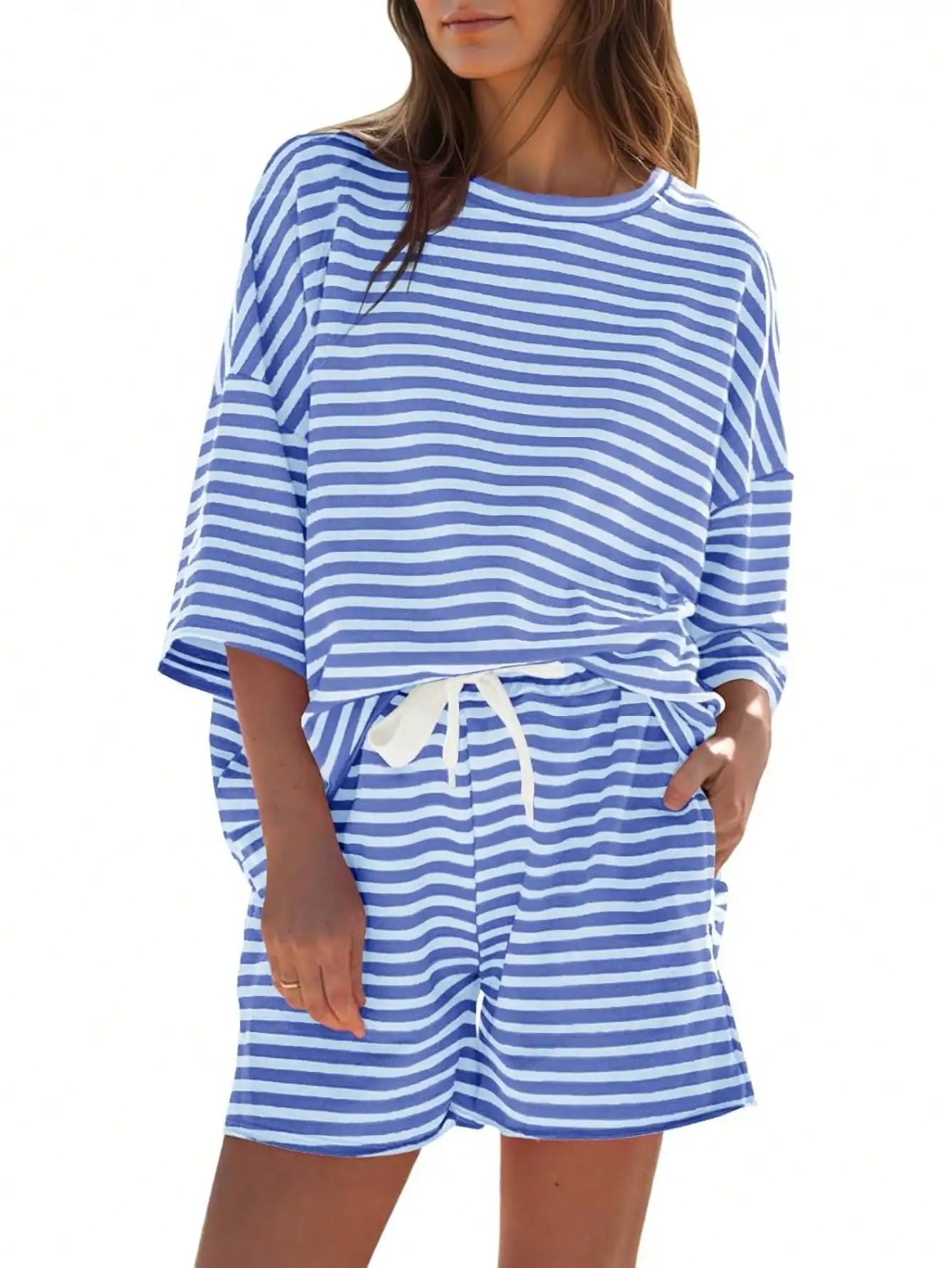 Womens Striped Athleisure 2 Piece Outfits Sweatsuit 3/4 Sleeve Oversized Tops High Waisted Shorts Casual Cozy Striped Lounge Set