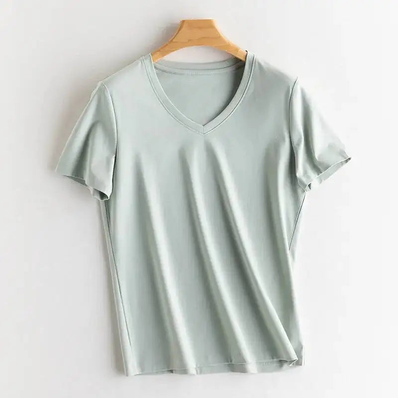 Summer 6% Mulberry Silk Cotton T-shirts Women Loose Round Neck Short Sleeve Luxury Tee Solid Color Basic Tops