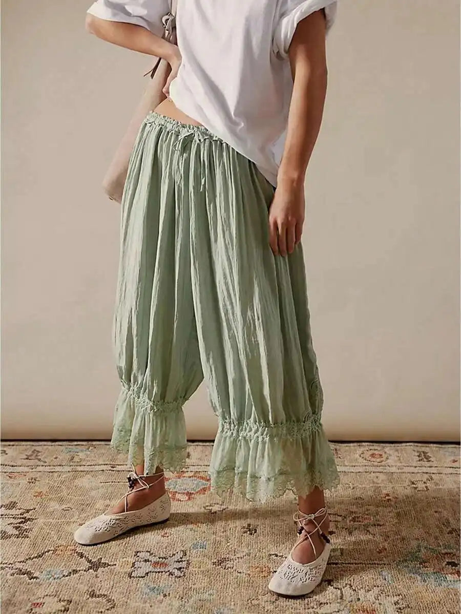 Women Cropped Lace Trim Bloomers Loose Mid Rise Victorian Pantaloons Streetwear