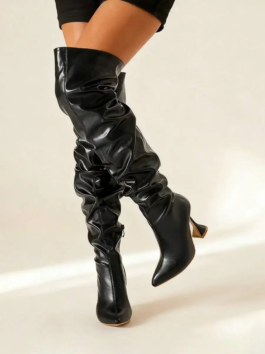 Womens White Over-The-Knee Boots With Pleated Design Pointed Toe Stiletto Heel