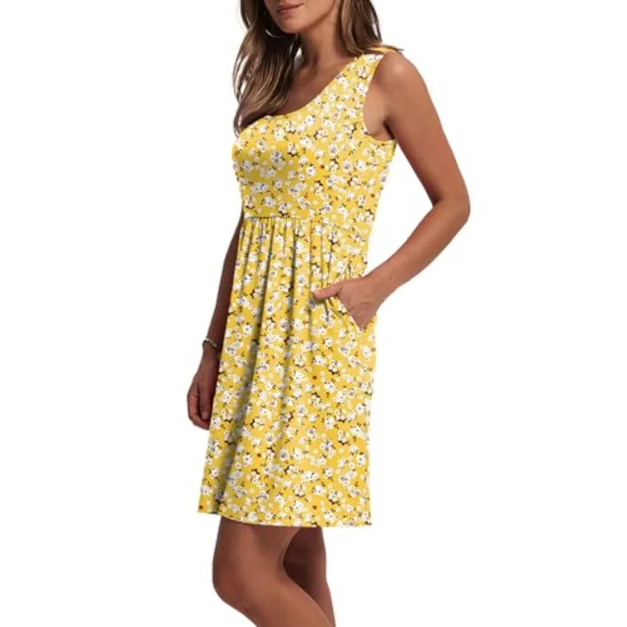 WIHOLL Women's Summer Dress 2026 A-Line Sleeveless Casual Sundress with Pockets Floral/Solid