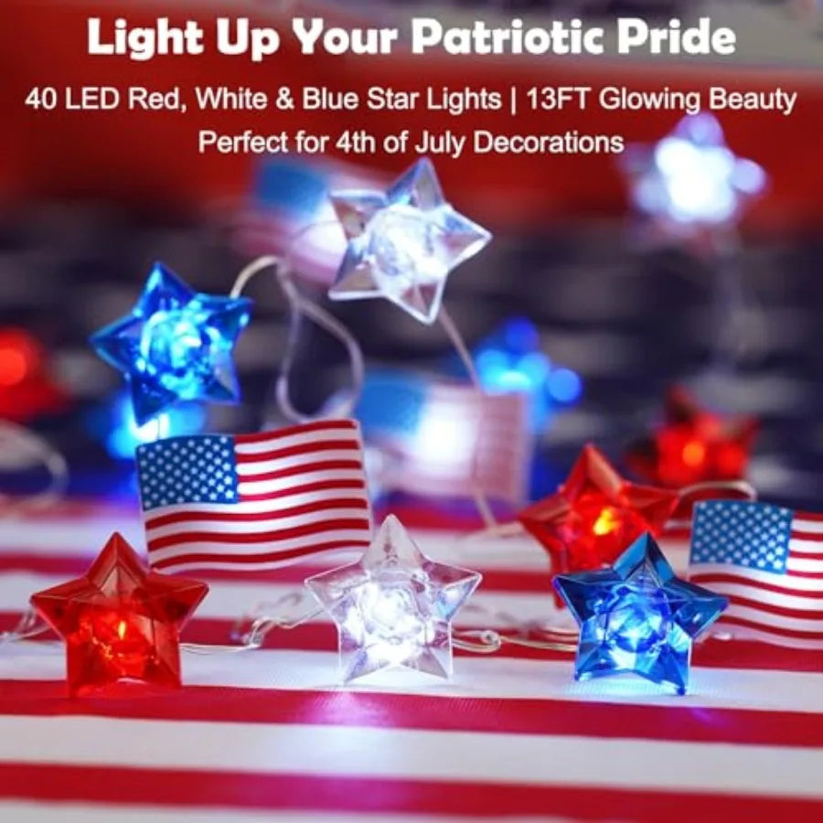 4th of July Decorations Star American Flag Lights 13Feet 40LED Fairy String Lights Battery Operated with Timer Fourth of July D