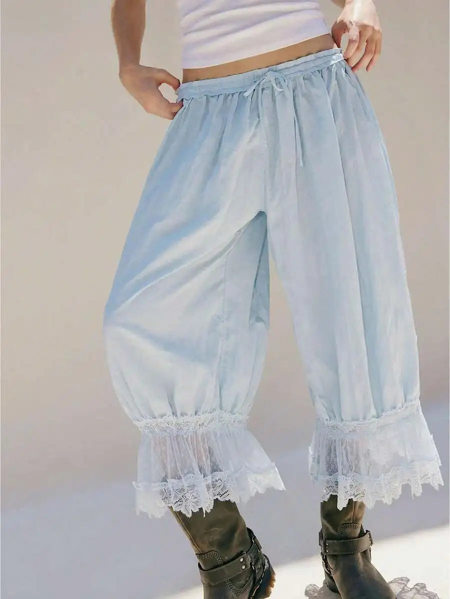 Women Lace Trim Elastic Mid Rise Cropped Flared Bloomers Pantaloons