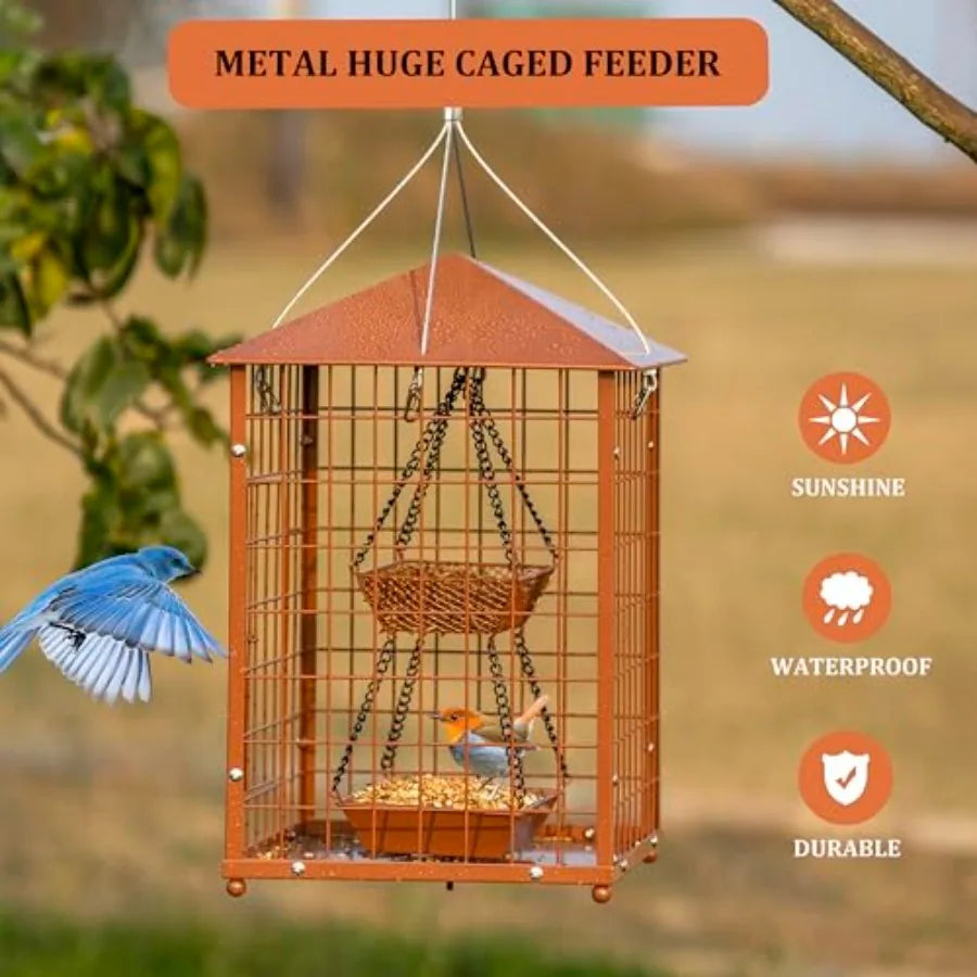 Mealworms Bird Feeders for birds - Metal - Huge Caged Squirrel-Proof Bird Feeders with 2 Cups, DIY Wild Bird Feeders Outdoor Ha
