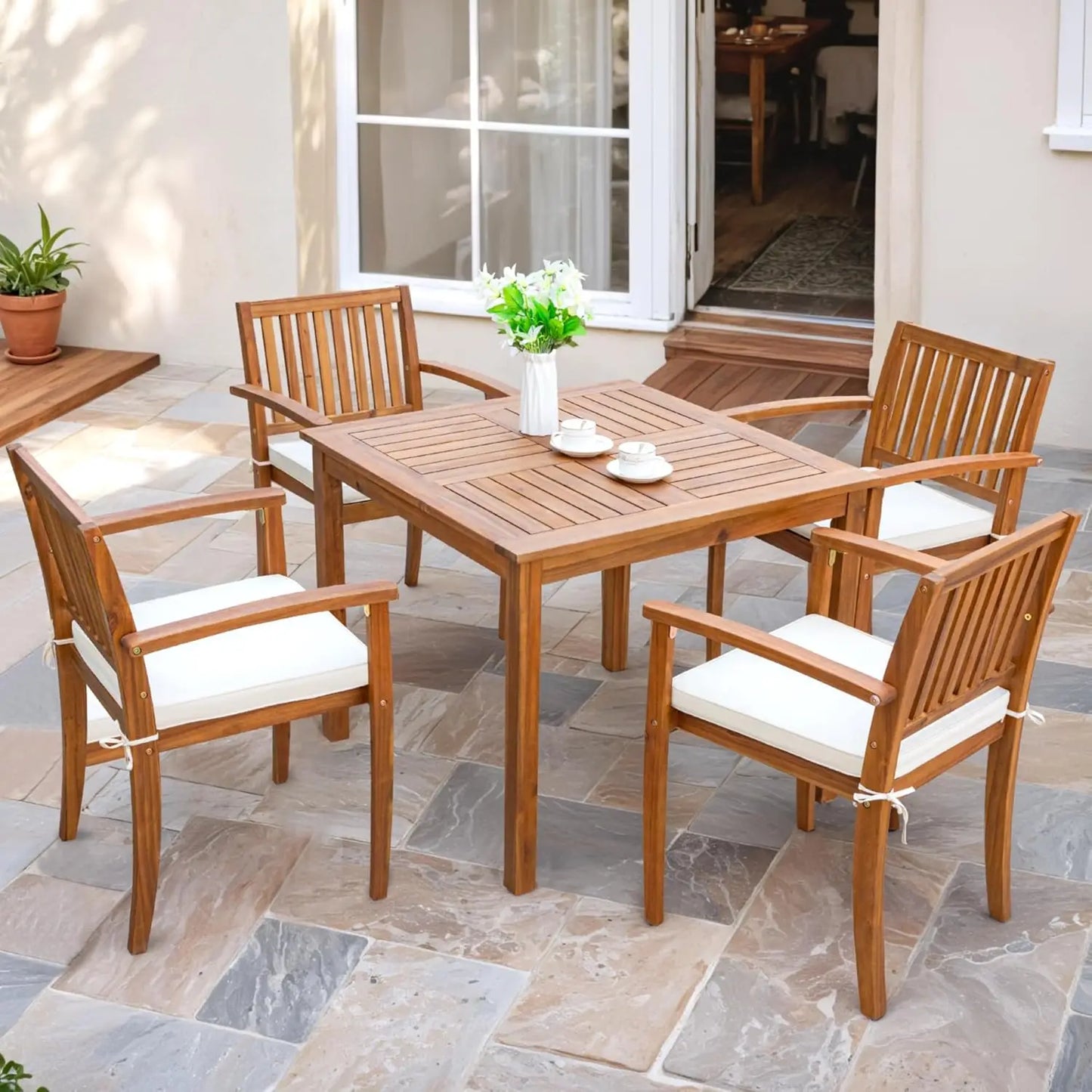 5 Piece Acacia Wood Outdoor Dining Set with Soft Cushions for Deck Backyard Garden, Custom