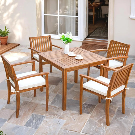 5 Piece Acacia Wood Outdoor Dining Set with Soft Cushions for Deck Backyard Garden, Custom