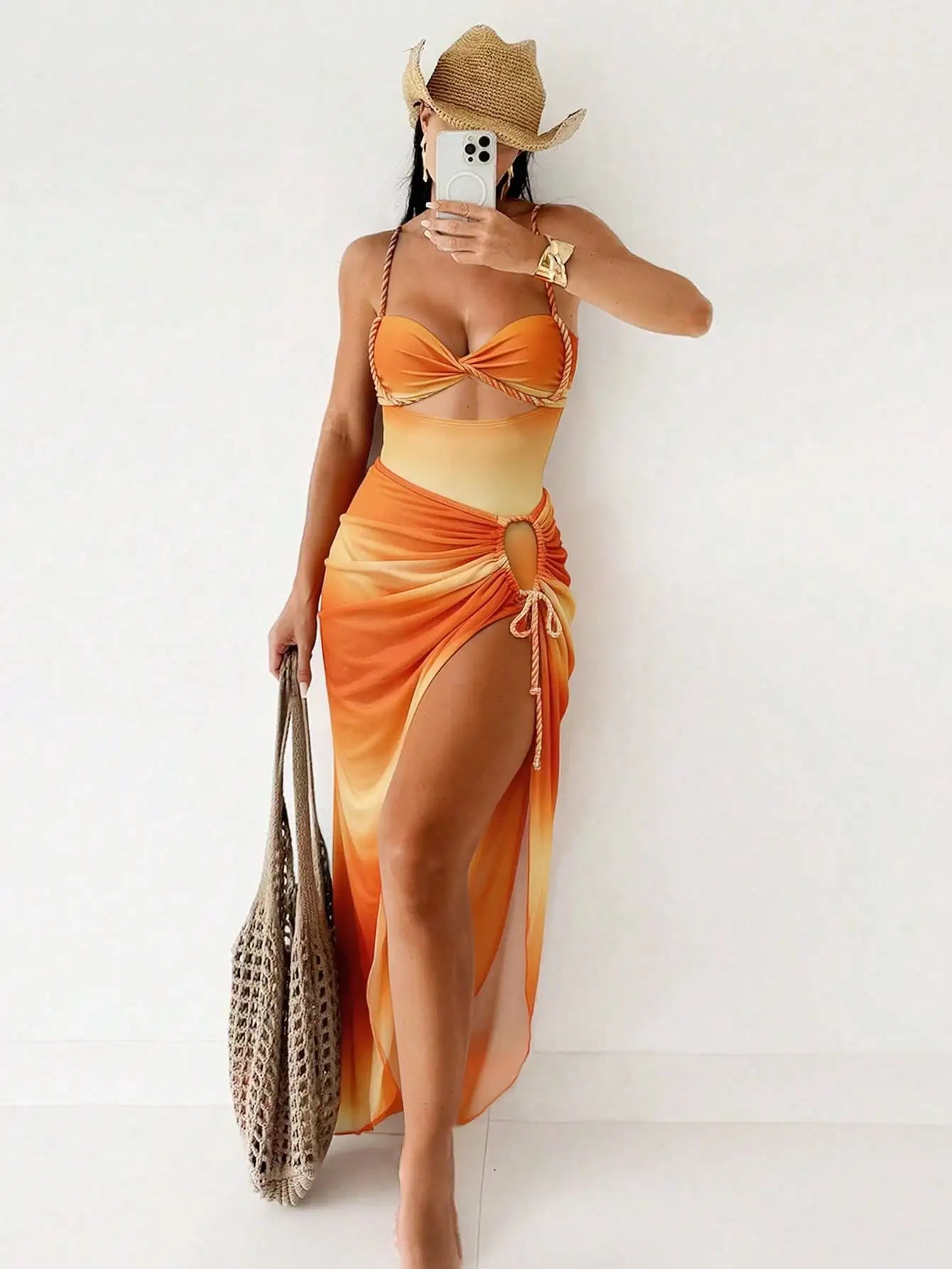Bonvoyette Summer New Women 2pcs Gradient Strap Tie Side Bikini Set, Halter Top & Beach Skirt