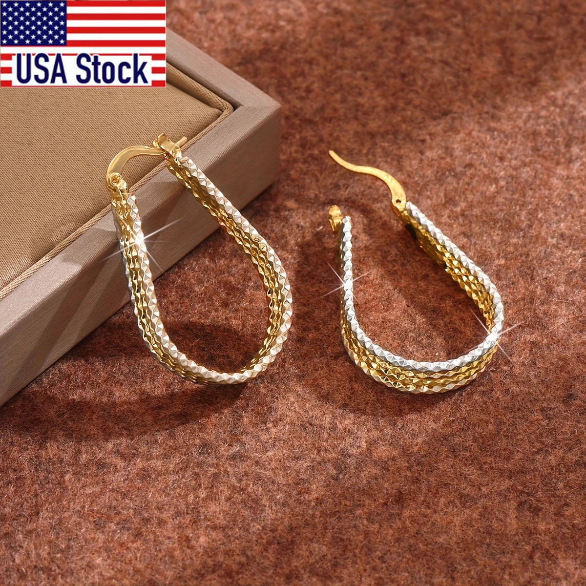 1Pair Sparkling Hoop Earrings, Golden Copper Ear Jewelry, Elegant Simple Style Oval Earrings For Women