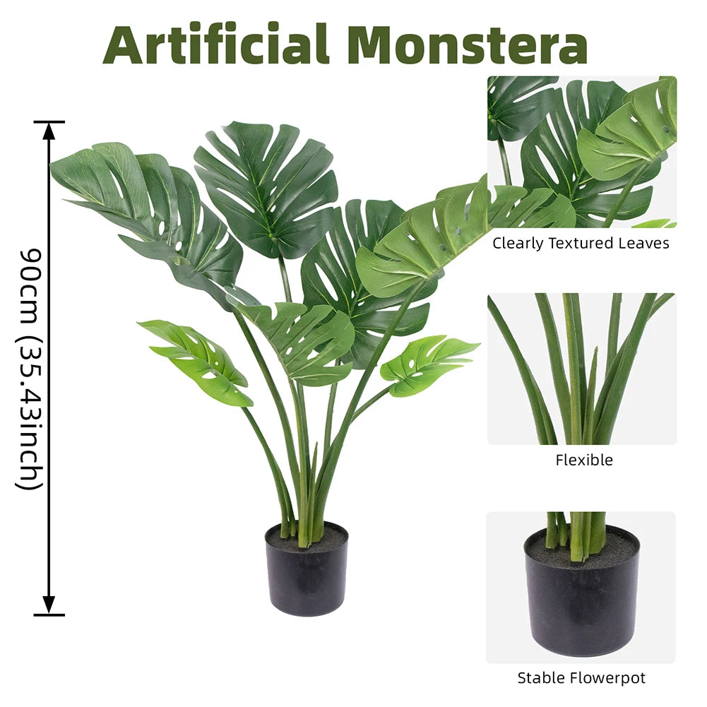 1/2PCS Artificial Monstera Deliciosa Tree, Fake Tropical Palm Plant with Pot, Faux Swiss Cheese Plant for Home Living Room Bedroom Office Decor, Indoor Outdoor Greenery Decoration