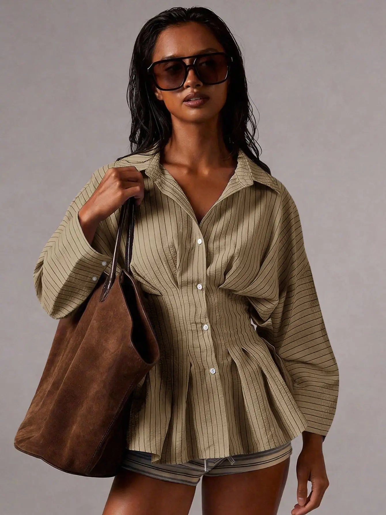 Women Striped Waist Cinched Long Sleeve Pleated Blouse