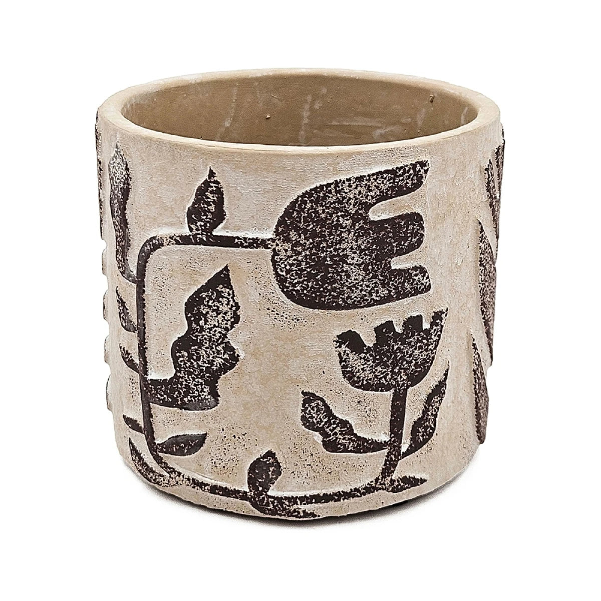 Set of 4 4.3x4.3x4" Gray Sand and Cement Planters with Brown Botanical Motifs On-Site