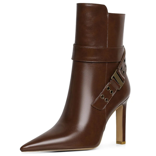 DoraTasia Fashion Pointed Toe Thin High Heel boots For Woman Hollow Metal Buckle Side Zipper Spring/Autumn Party Ladies shoes