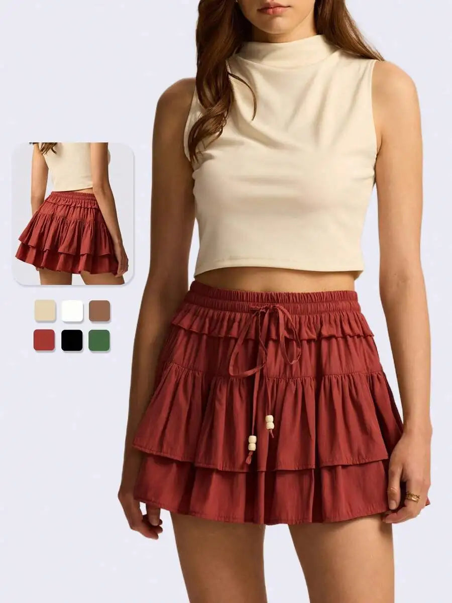 Womens High Waist Tiered Ruffle Mini Skort With Drawstring And Built-In Shorts