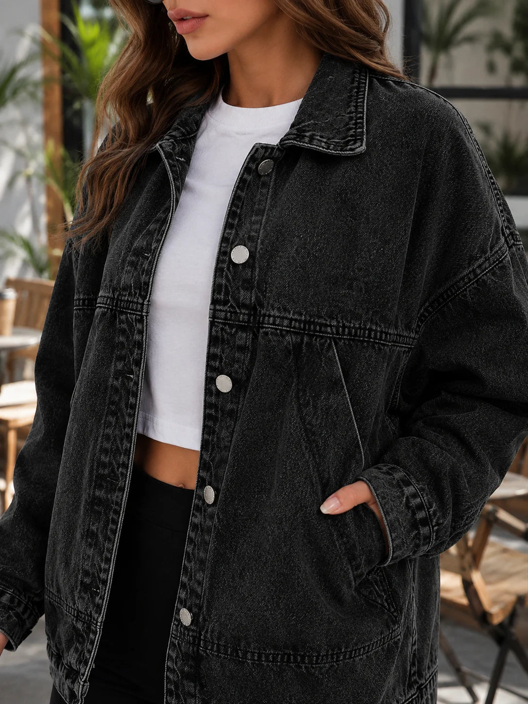 Women's Casual Loose Fit Drop Shoulder Long Sleeve Single-Breasted Denim Jacket, Autumn