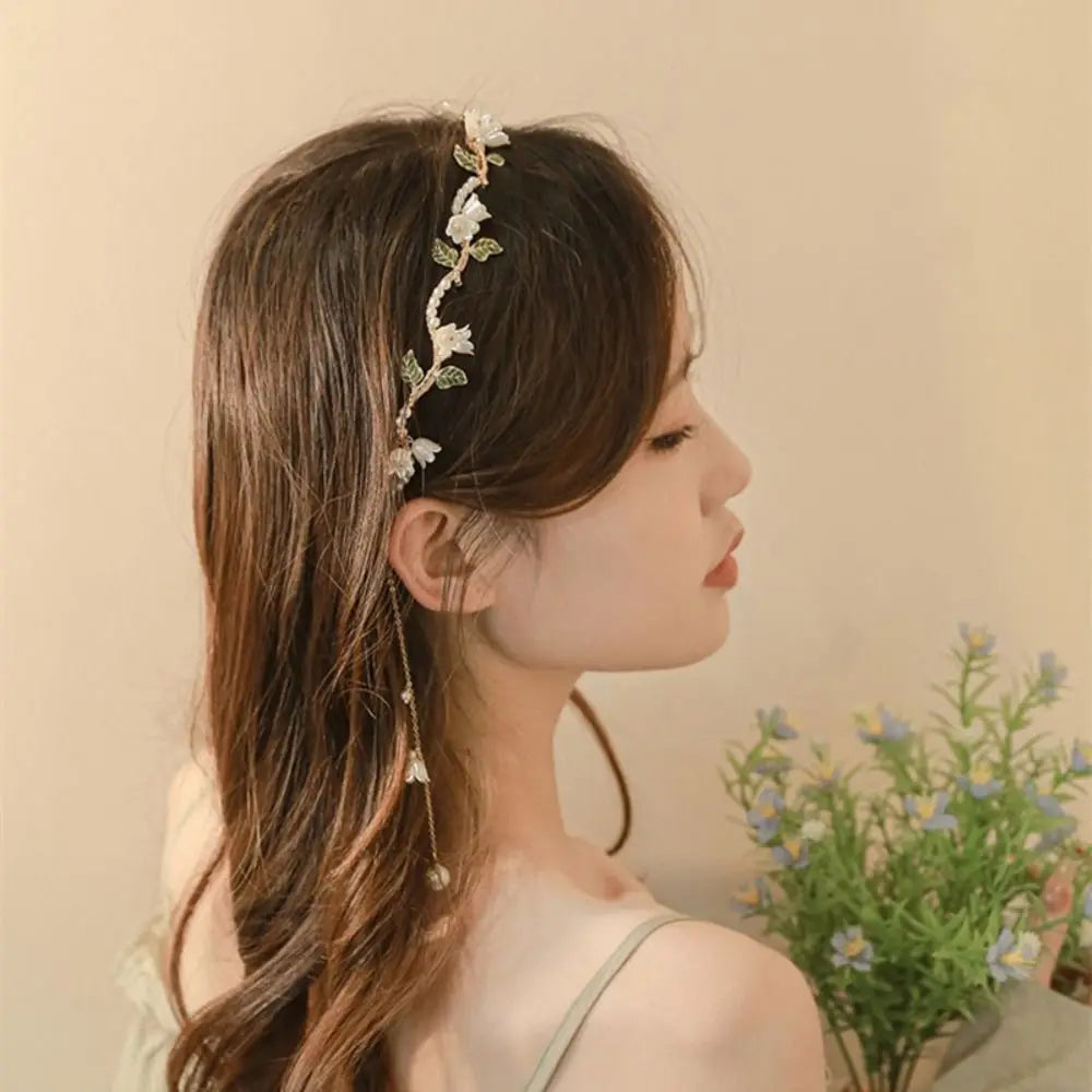Wave Hair Band Pearl Flower Headband Korean Alloy Tassel Headwear Elegant Hair Accessories Hairband Women's
