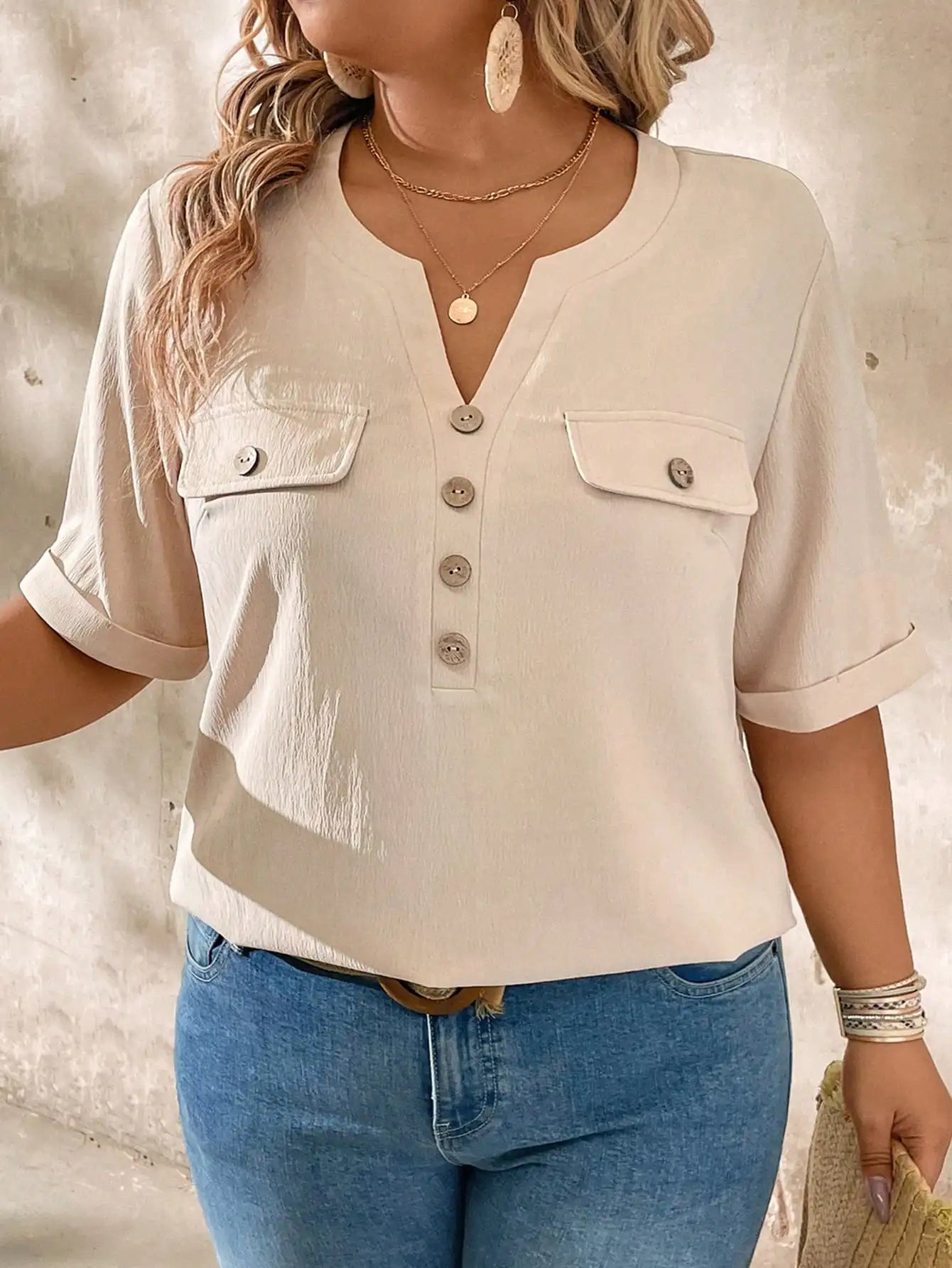Casual V-Neck Short Sleeve Shirt With Wood Buttons