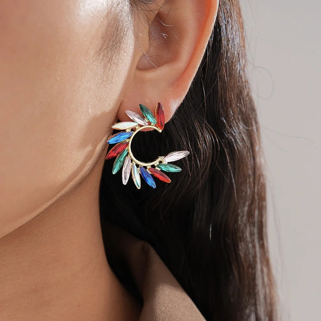 European American Style Cross Border Rhinestone Rice Grain C shaped Silver Needle Stud Earrings Light Luxury Premium Sense Niche Design Women Earrings