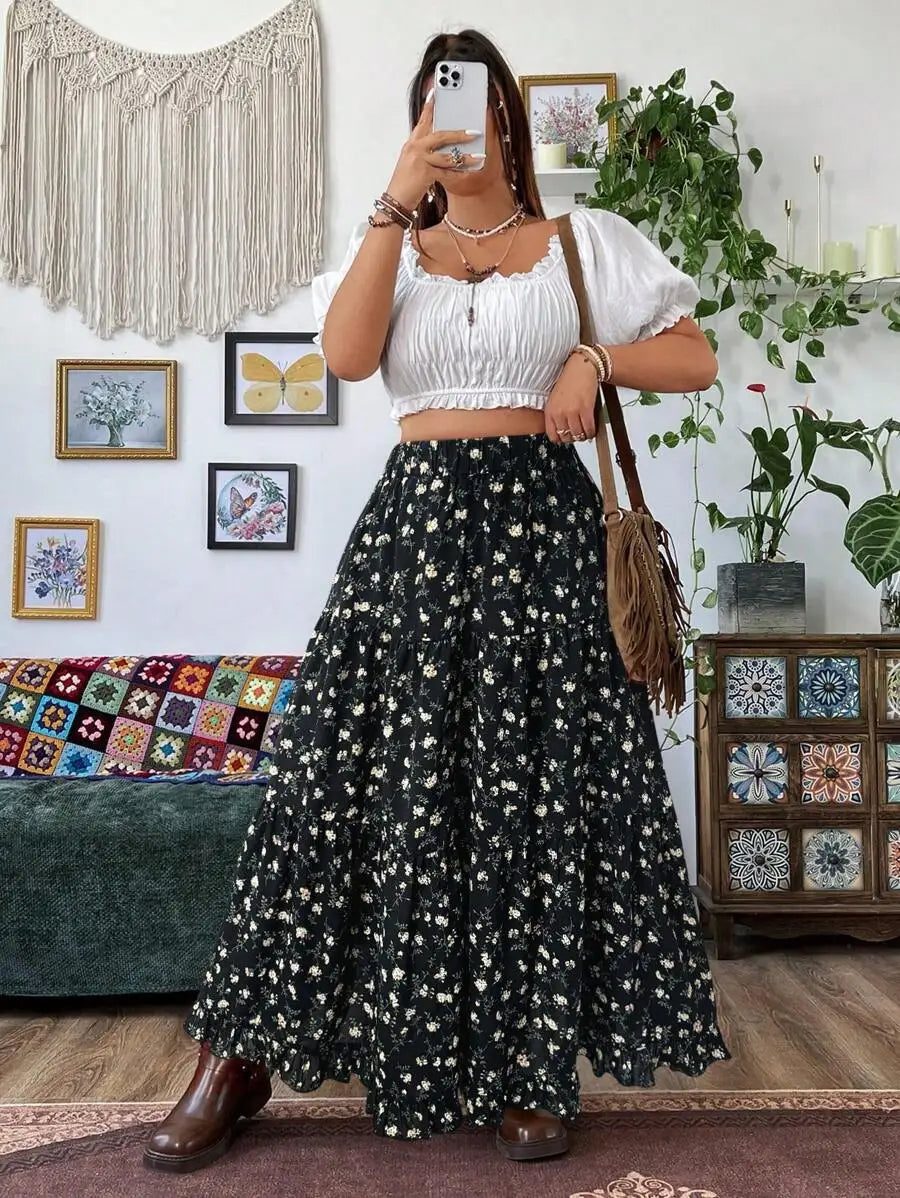 Plus Size Women Floral Print Maxi Skirt Bohemian Vacation Beach Outfit