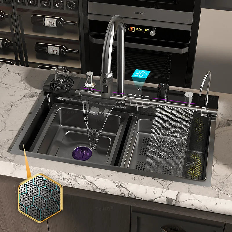 Various Waterfall kitchen Sink  Stainless Steel Multifunctional Large Single Slot Digital Display Sinks